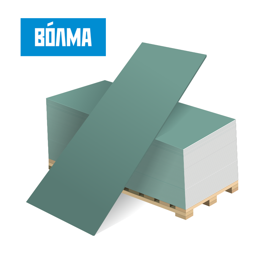 Гипсокартон влагостойкий УК ВОЛМА (ГКЛВ) 9,5-1200-2500 мм
